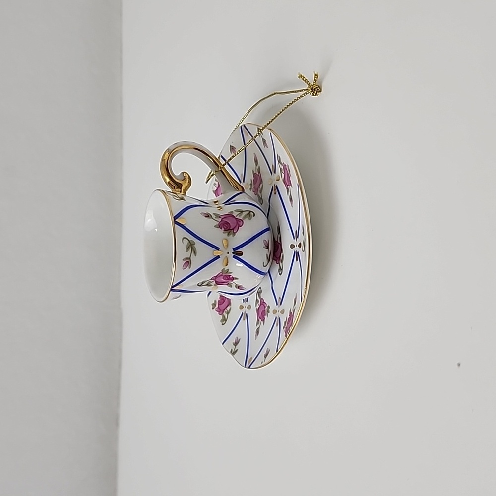 Blue Diamond Teacup and Saucer Miniature Hanging Ornament Blue